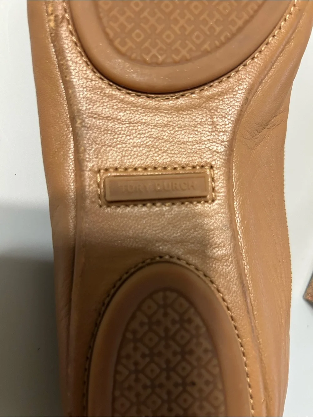 Tory Burch Tan Leather Logo Round-Toe Ballet Flats